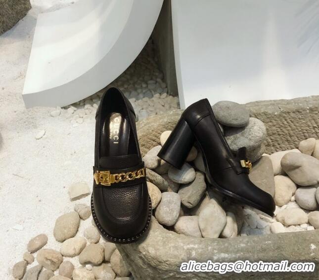 Unique Style Gucci Leather High-heel Loafers with Chain 626594 Black 2020