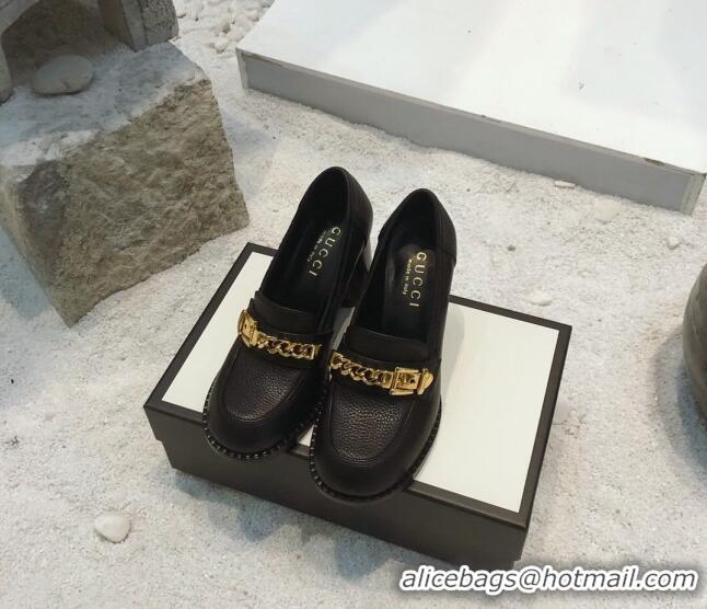 Unique Style Gucci Leather High-heel Loafers with Chain 626594 Black 2020