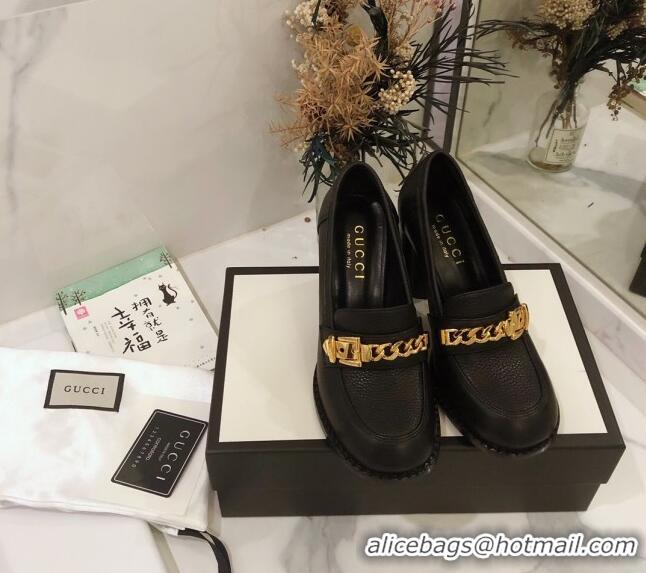 Unique Style Gucci Leather High-heel Loafers with Chain 626594 Black 2020