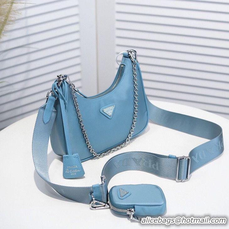 High Quality Prada Re-Edition Nylon Shoulder Bag 1BH204 Light Blue Silver