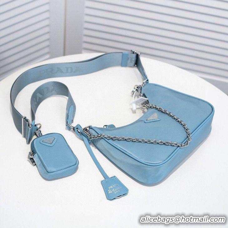 High Quality Prada Re-Edition Nylon Shoulder Bag 1BH204 Light Blue Silver