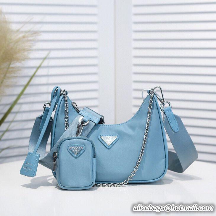 High Quality Prada Re-Edition Nylon Shoulder Bag 1BH204 Light Blue Silver