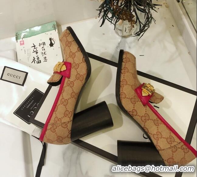 Good Quality Gucci GG Canvas High-heel Loafers with Chain 626594 Beige