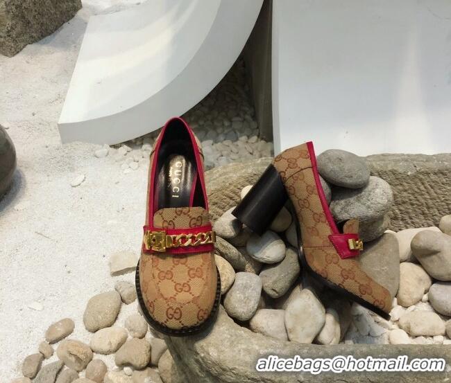 Good Quality Gucci GG Canvas High-heel Loafers with Chain 626594 Beige