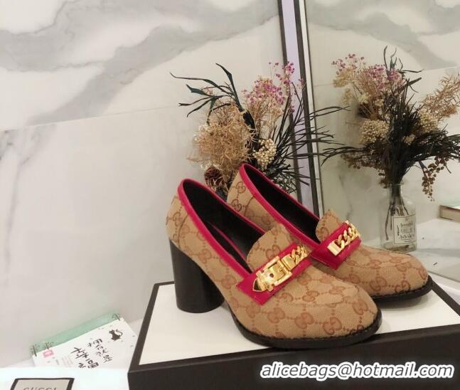 Good Quality Gucci GG Canvas High-heel Loafers with Chain 626594 Beige