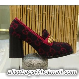 Buy Luxury Gucci GG Wool High-heel Loafers with Chain 626594 Blue/Red 2020