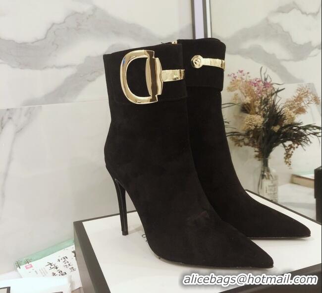 Hot Style Gucci Suede High-heel sHORT boots with Metal Buckle 92254 Black 2020