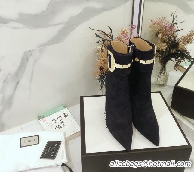 Good Quality Gucci Suede High-heel sHORT boots with Metal Buckle 92254 Dark Blue 2020