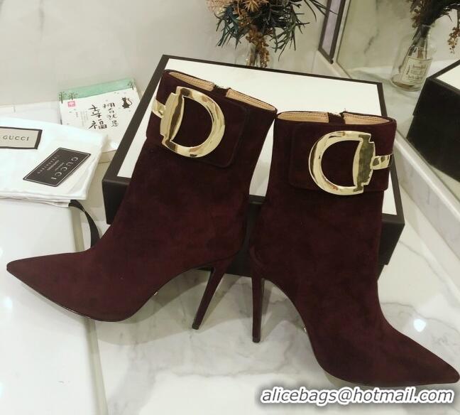 Sumptuous Gucci Suede High-heel sHORT boots with Metal Buckle 92254 Burgundy 2020