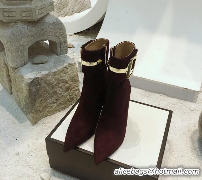 Sumptuous Gucci Suede High-heel sHORT boots with Metal Buckle 92254 Burgundy 2020