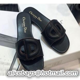 Good Quality Dior Calfskin D-CLUB Mule Flat Sandals 80161 Black 2020