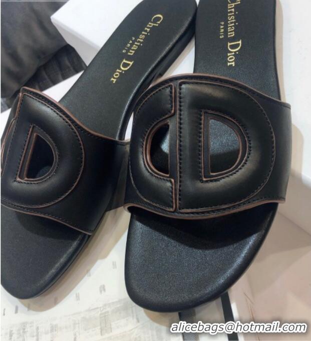 Good Quality Dior Calfskin D-CLUB Mule Flat Sandals 80161 Black 2020