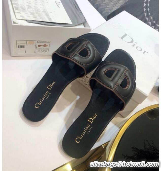 Good Quality Dior Calfskin D-CLUB Mule Flat Sandals 80161 Black 2020