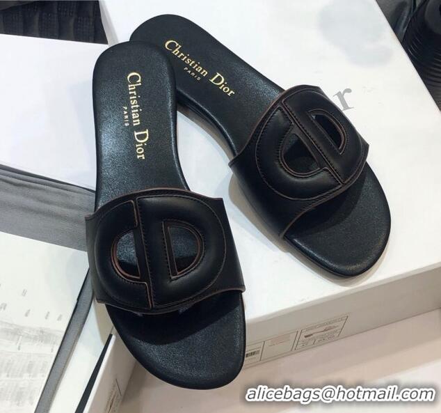 Good Quality Dior Calfskin D-CLUB Mule Flat Sandals 80161 Black 2020