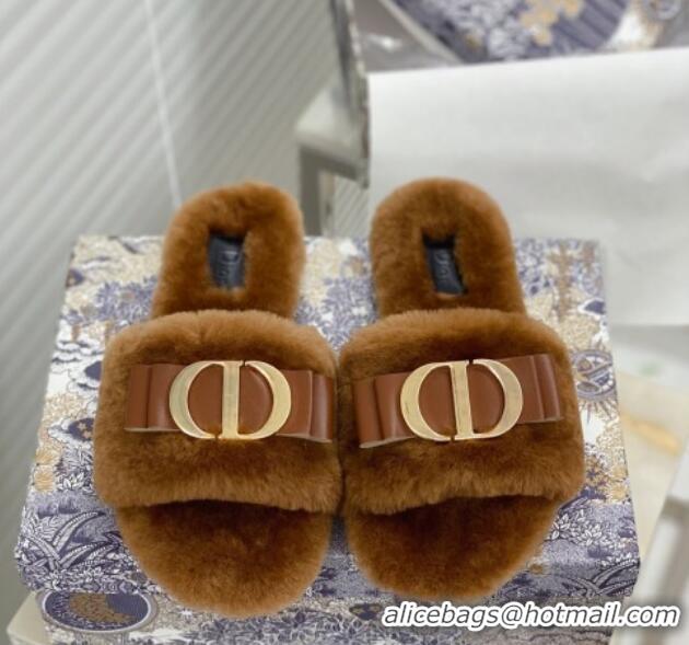 Top Quality Dior CD Bow Wool Flat Slide Sandals 81713 Brown