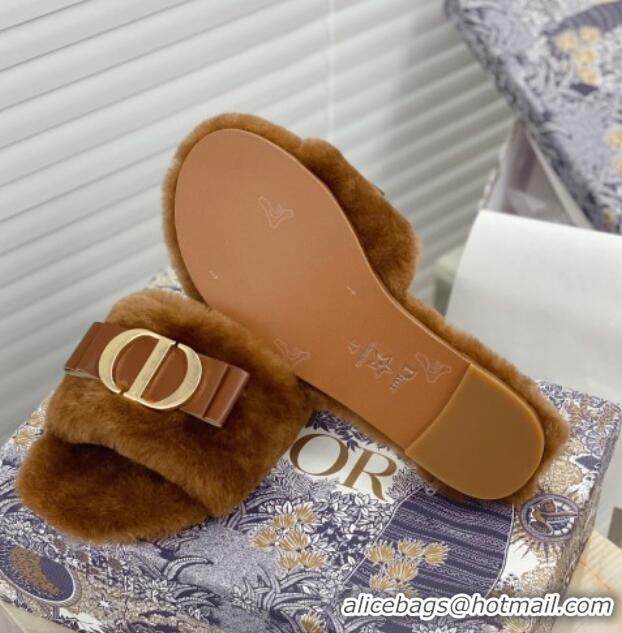 Top Quality Dior CD Bow Wool Flat Slide Sandals 81713 Brown