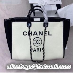 Market Sells Chanel Deauville Wool Felt Large Shopping Bag A93786 White/Black 2019