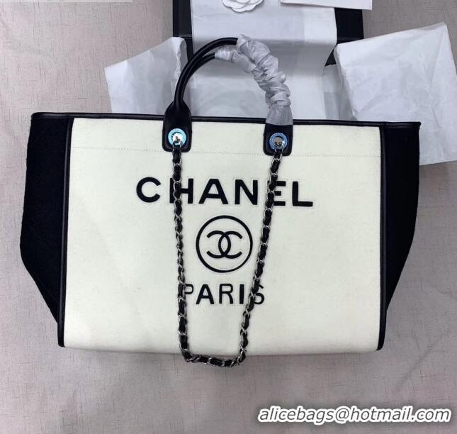 Market Sells Chanel Deauville Wool Felt Large Shopping Bag A93786 White/Black 2019