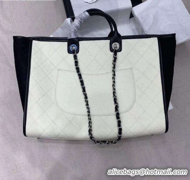 Market Sells Chanel Deauville Wool Felt Large Shopping Bag A93786 White/Black 2019