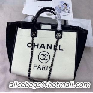 Good Quality Chanel Deauville Wool Felt Medium Shopping Bag A93786 White/Black 2019