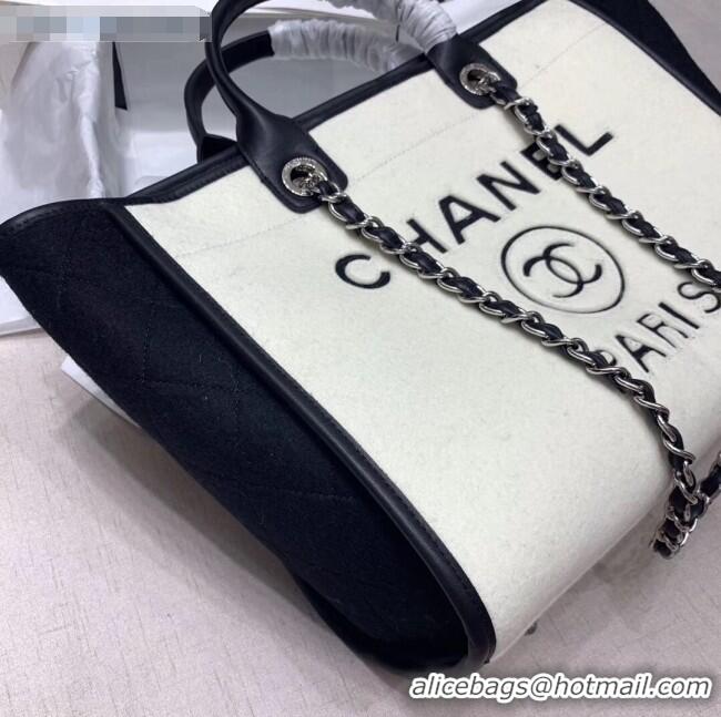 Good Quality Chanel Deauville Wool Felt Medium Shopping Bag A93786 White/Black 2019