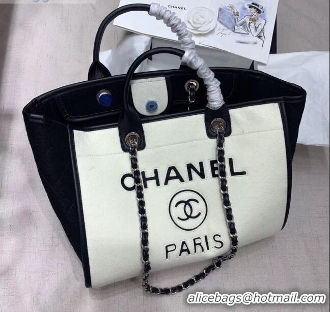 Good Quality Chanel Deauville Wool Felt Medium Shopping Bag A93786 White/Black 2019