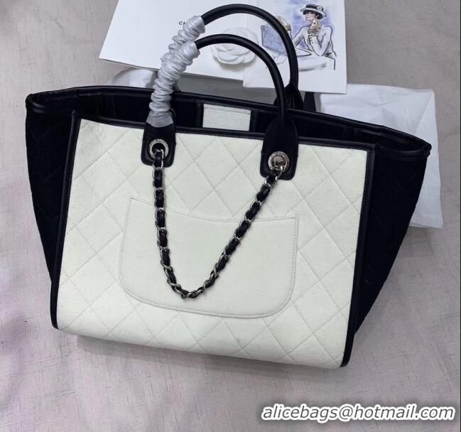 Good Quality Chanel Deauville Wool Felt Medium Shopping Bag A93786 White/Black 2019