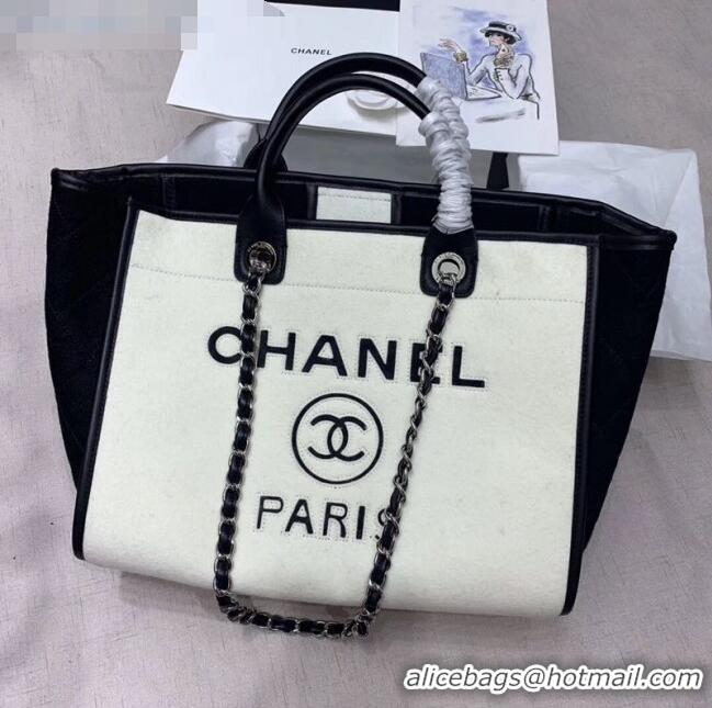 Good Quality Chanel Deauville Wool Felt Medium Shopping Bag A93786 White/Black 2019