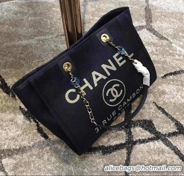 Cheapest Chanel Deauville Lurex Canvas Medium Shopping Bag A93786 Navy Blue/Gold 2019