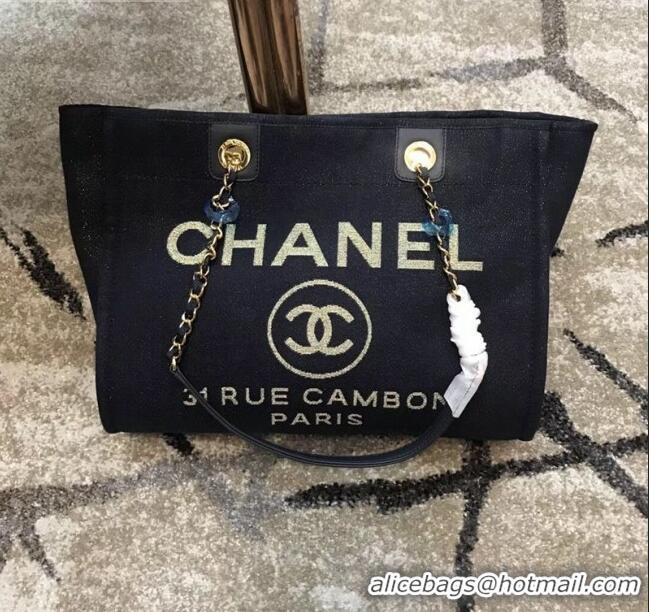 Cheapest Chanel Deauville Lurex Canvas Medium Shopping Bag A93786 Navy Blue/Gold 2019