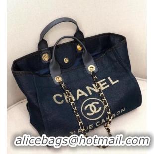 Discount Chanel Deauville Lurex Canvas Large Shopping Bag A93786 Navy Blue/Gold 2019