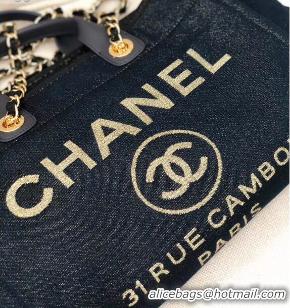 Discount Chanel Deauville Lurex Canvas Large Shopping Bag A93786 Navy Blue/Gold 2019