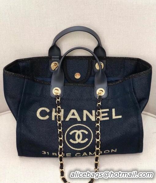 Discount Chanel Deauville Lurex Canvas Large Shopping Bag A93786 Navy Blue/Gold 2019