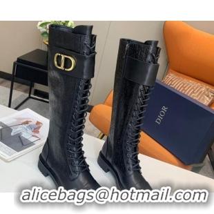 Classic Dior Logo Embossed Calfskin CD Band High Boots 82754 Black 2020