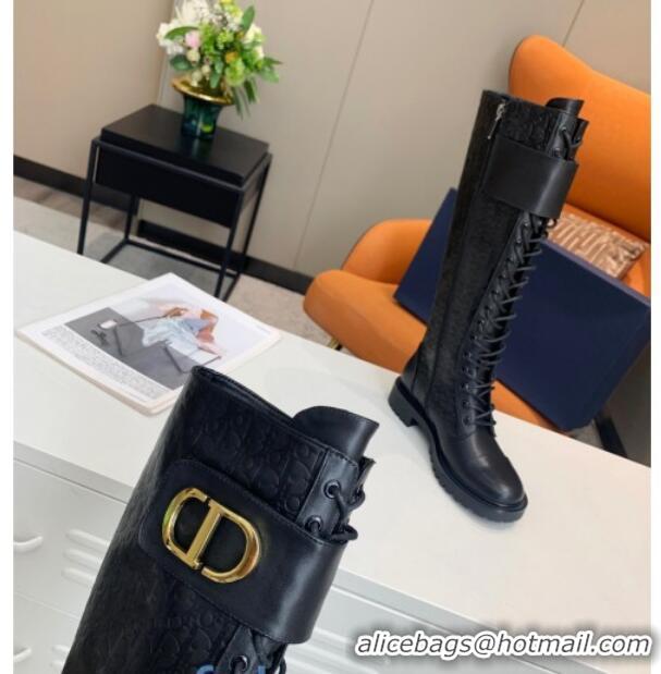 Classic Dior Logo Embossed Calfskin CD Band High Boots 82754 Black 2020