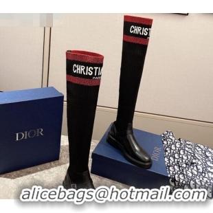 Perfect Dior Knit Sock Knee-High Boots with Belt Buckle 91022 Red/Black 2020