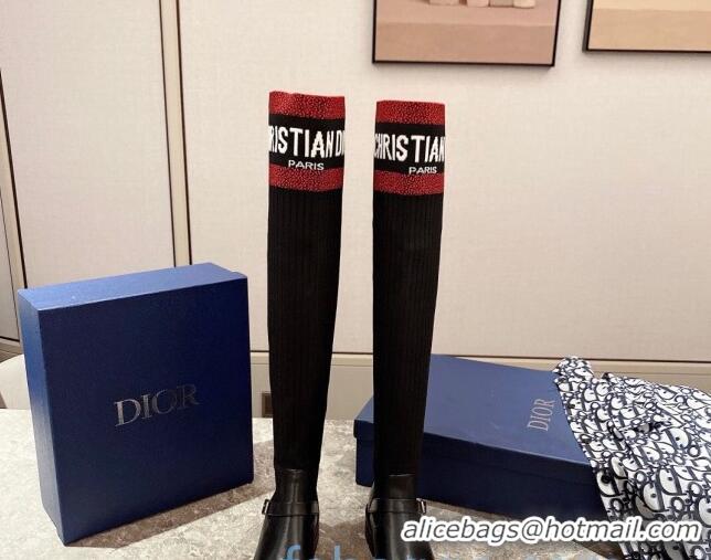 Perfect Dior Knit Sock Knee-High Boots with Belt Buckle 91022 Red/Black 2020