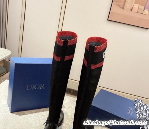 Perfect Dior Knit Sock Knee-High Boots with Belt Buckle 91022 Red/Black 2020