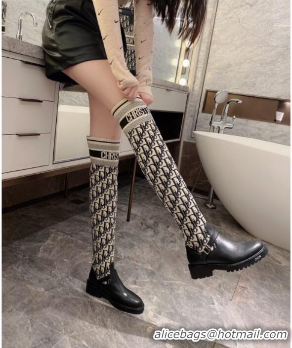 Trendy Design Dior Oblique Knit Sock Knee-High Boots with Belt Buckle 091025 Beige/Grey 2020