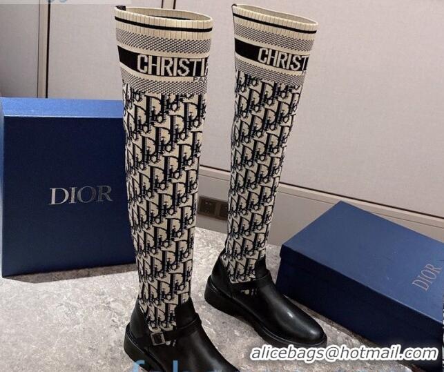 Trendy Design Dior Oblique Knit Sock Knee-High Boots with Belt Buckle 091025 Beige/Grey 2020