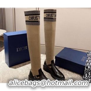 Good Quality Dior Oblique Knit Sock Knee-High Boots with Belt Buckle 91027 Beige/Black