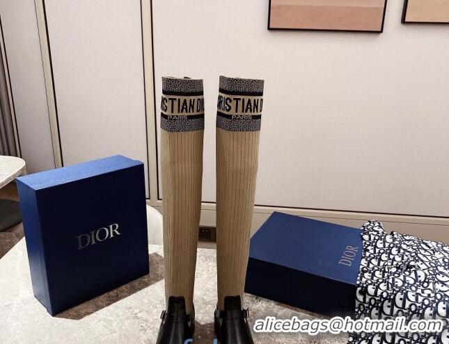 Good Quality Dior Oblique Knit Sock Knee-High Boots with Belt Buckle 91027 Beige/Black