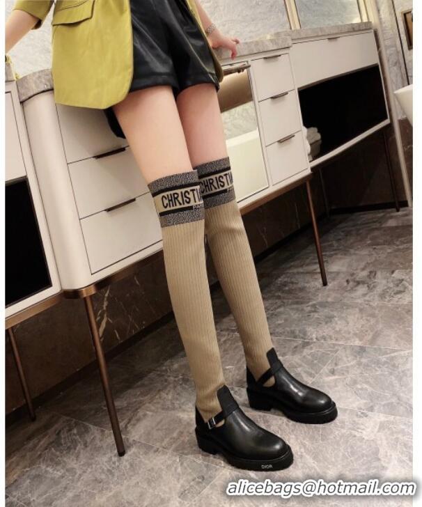 Good Quality Dior Oblique Knit Sock Knee-High Boots with Belt Buckle 91027 Beige/Black