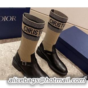 Duplicate Dior Oblique Knit Sock Medium-High Boots with Belt Buckle 91028 Beige/Black