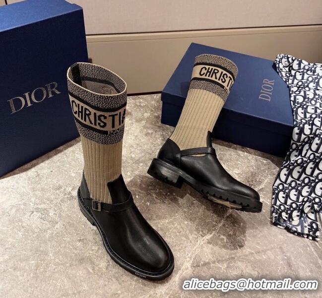 Duplicate Dior Oblique Knit Sock Medium-High Boots with Belt Buckle 91028 Beige/Black