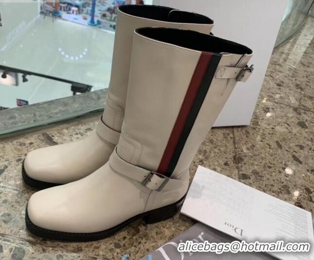 Sumptuous Dior Calfskin High Boots with Buckle and Web 91109 White 2020