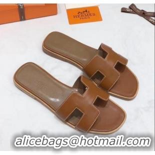 High Quality Hermes Oran H Slide Flat Sandals H02156 Brown