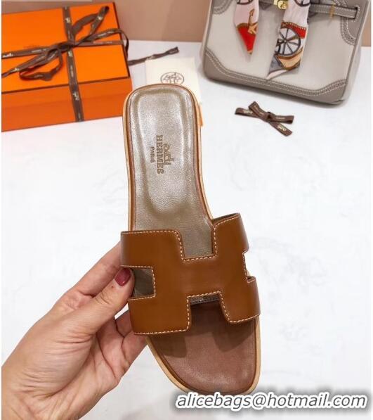 High Quality Hermes Oran H Slide Flat Sandals H02156 Brown