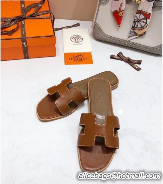 High Quality Hermes Oran H Slide Flat Sandals H02156 Brown