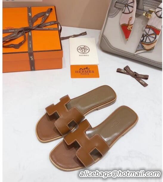 High Quality Hermes Oran H Slide Flat Sandals H02156 Brown